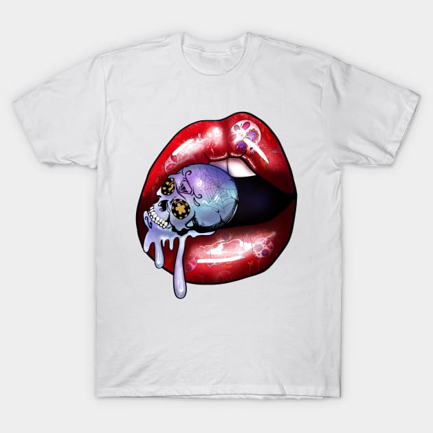 Halloween Red Vampire Lips and skull T-Shirt by MZeeDesigns